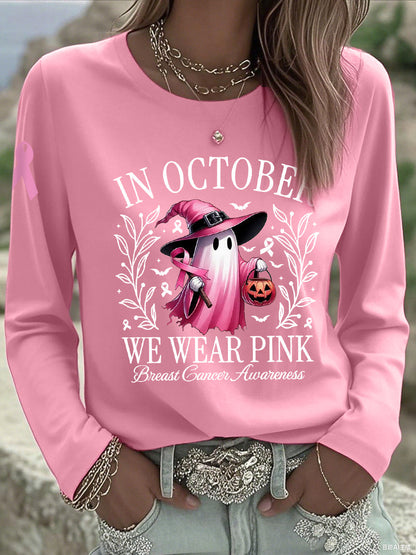 Frauen im Oktober tragen wir rosa Halloween rosa Geist Brustkrebs Bewusstseins unterstützung Langarm T-Shirt