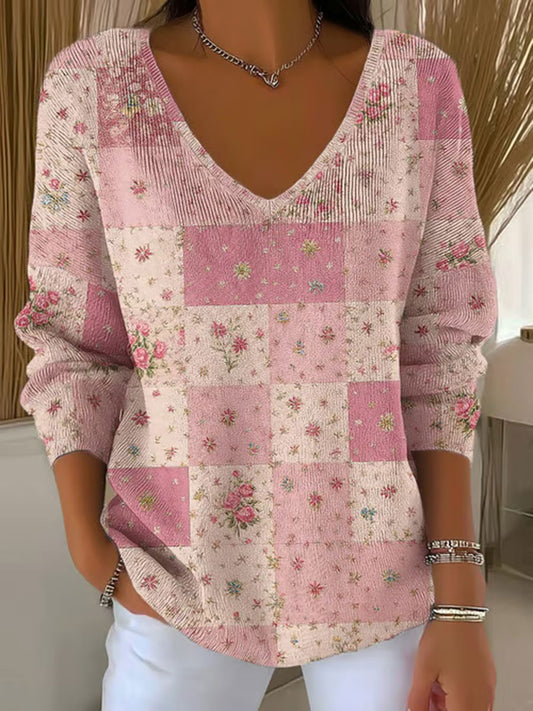 Damen Rosa Patchwork Print Casual Top