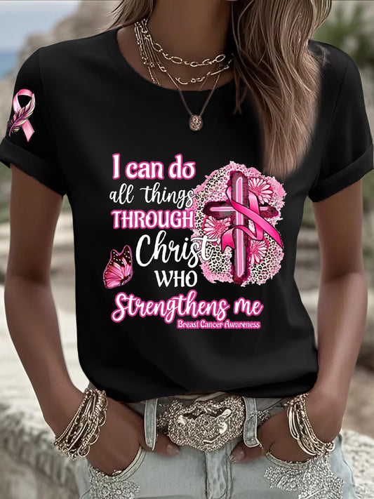 Frauen Brustkrebs Bewusstsein Pink Ribbon Faith Kreuz Kurzarm T-Shirt