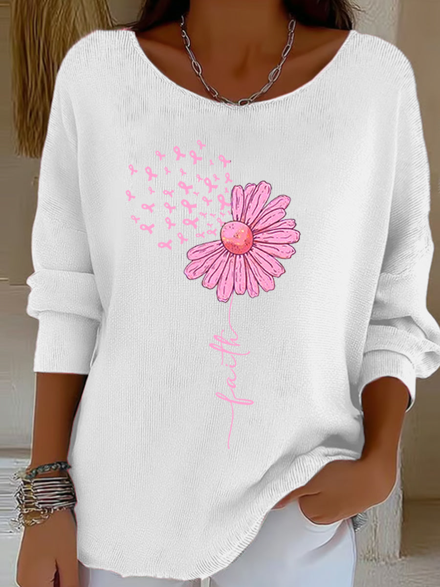 Frauen Rosa Band Sonnenblume Glaubens druck Brustkrebs Sensi bilisierung Unterstützung Langarm Top