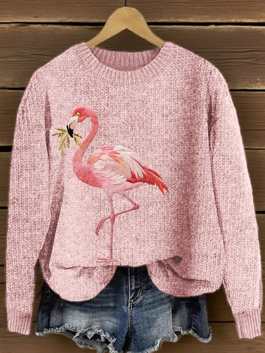 Damen Rosa Flamingo Bestickte Strick pullover