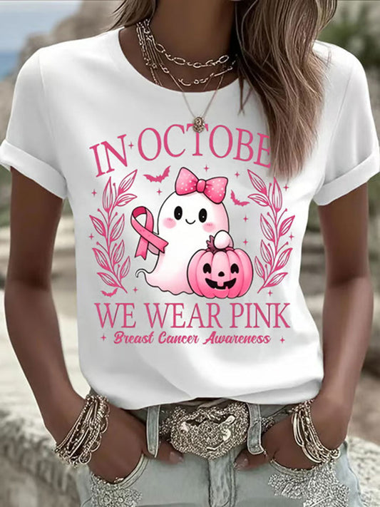 Frauen im Oktober tragen wir rosa Ghost Print Casual T-Shirt