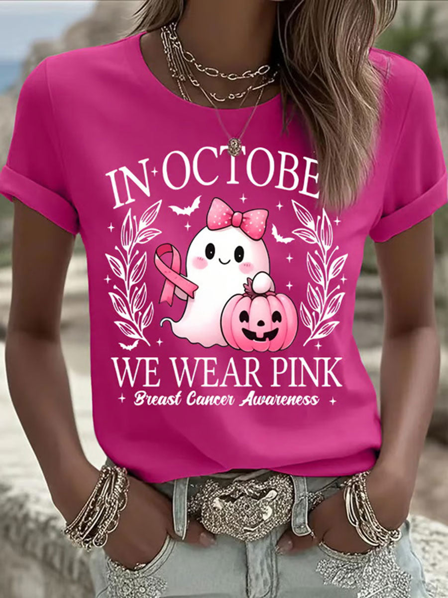 Frauen im Oktober tragen wir rosa Ghost Print Casual T-Shirt