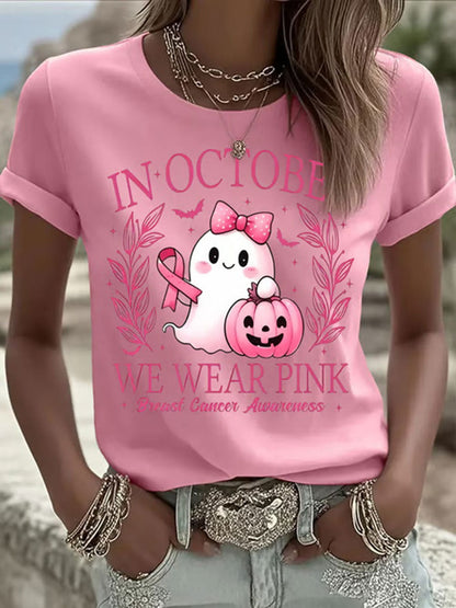 Frauen im Oktober tragen wir rosa Ghost Print Casual T-Shirt