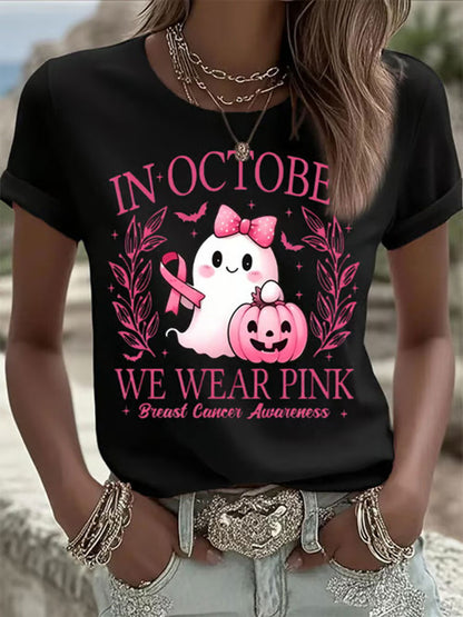 Frauen im Oktober tragen wir rosa Ghost Print Casual T-Shirt