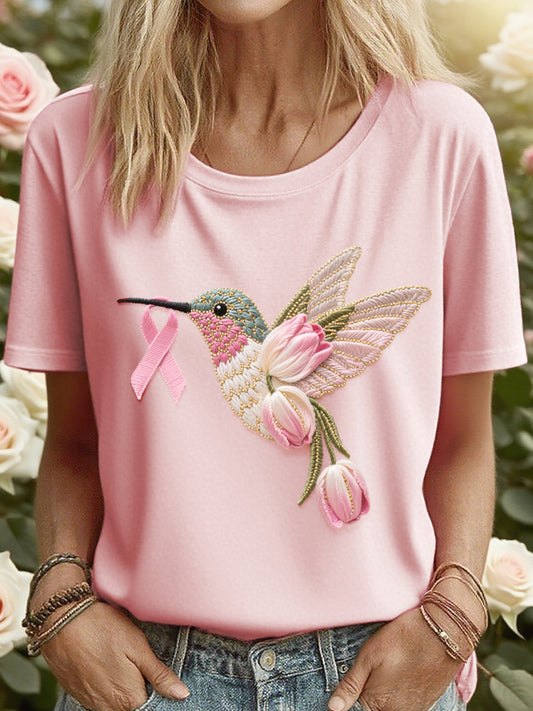 Frauen Tulpe inspiriert Kolibri besticktes T-Shirt
