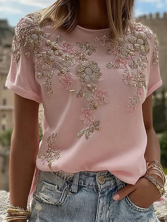 Damen-T-Shirt mit rosa Blumen druck lässig