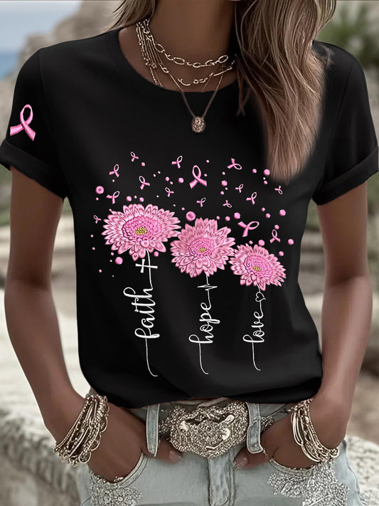 Frauen Brustkrebs Bewusstsein Sonnenblume Rosa Band Kurzarm T-Shirt