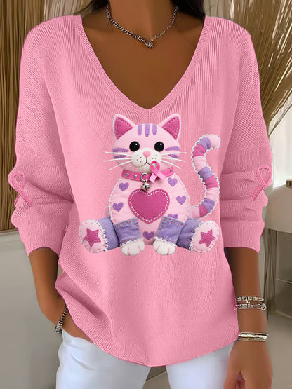 Frauen Rosa Katze Rosa Band Brustkrebs Sensi bilisierung Unterstützung Langarm-Top