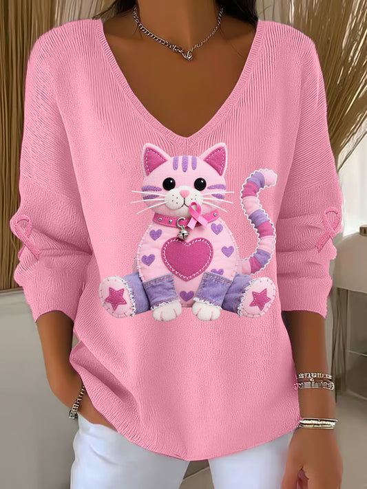 Frauen Rosa Katze Rosa Band Brustkrebs Sensi bilisierung Unterstützung Langarm-Top