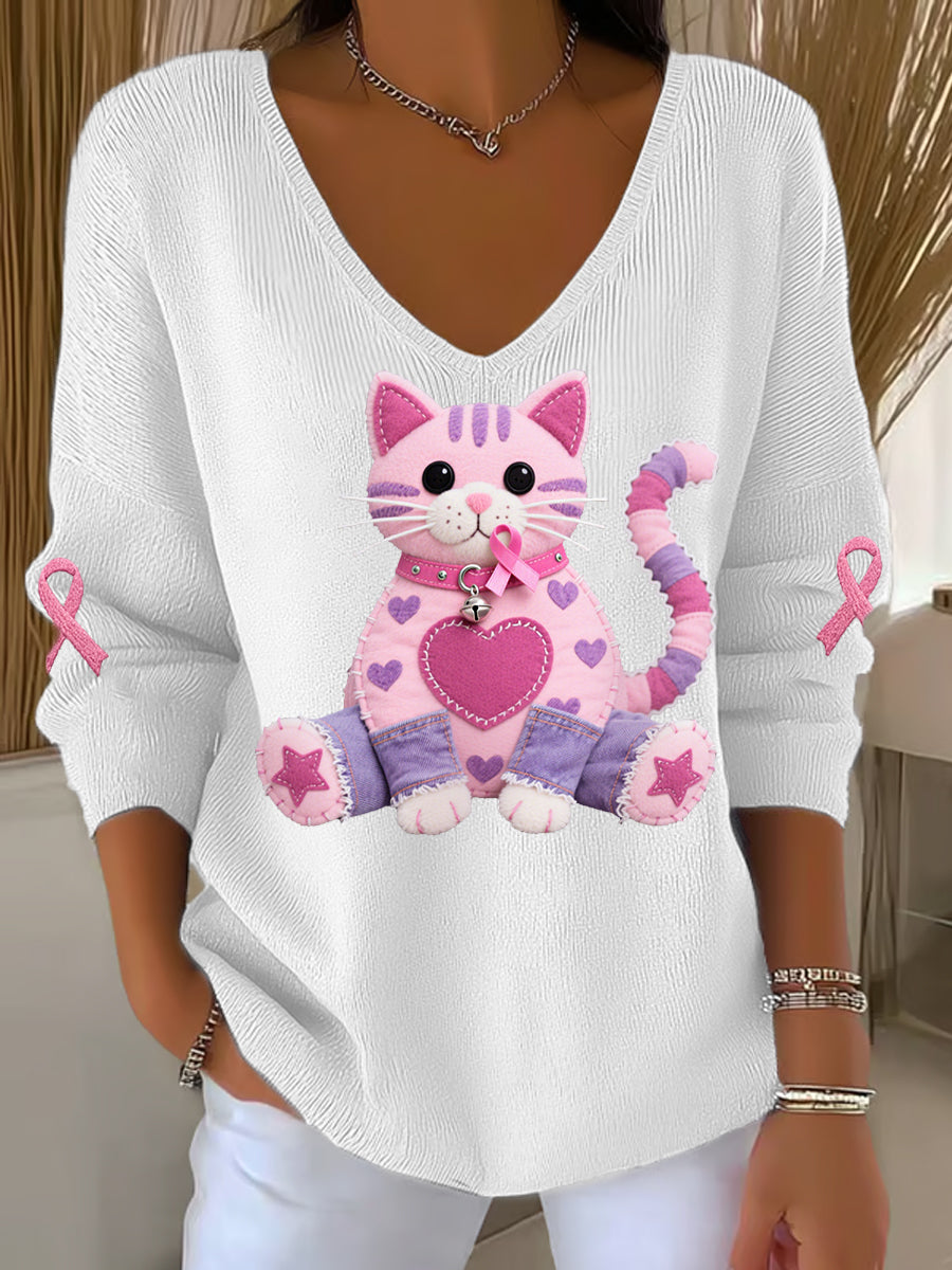 Frauen Rosa Katze Rosa Band Brustkrebs Sensi bilisierung Unterstützung Langarm-Top