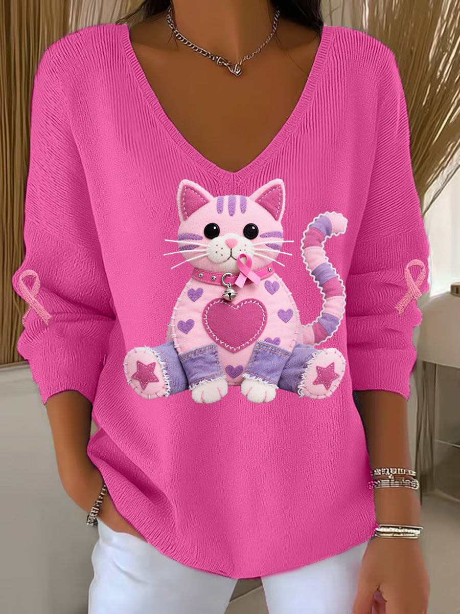Frauen Rosa Katze Rosa Band Brustkrebs Sensi bilisierung Unterstützung Langarm-Top