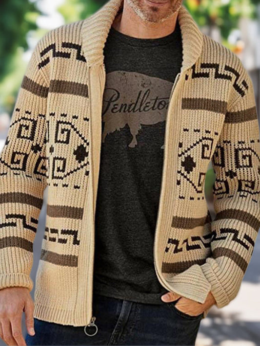 Herren Winter Retro indische Kultur Geometrisches Muster Schal Kragen Reiß verschluss Pullover Strickjacke