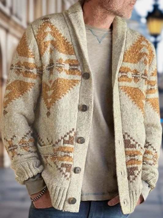 Herren Winter Retro indische Kultur Geometrisches Muster Schal Kragen Knopf Pullover Strickjacke