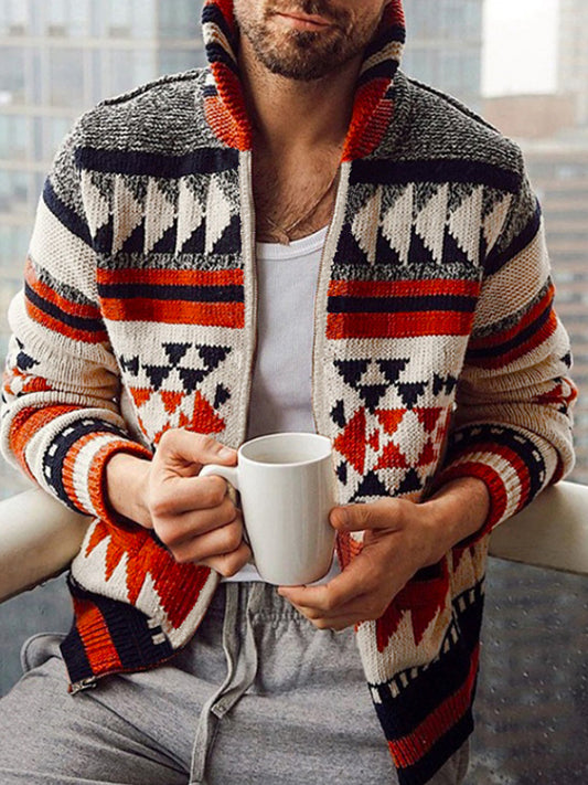 Herren Winter Retro indische Kultur Geometrisches Muster Schal Kragen Reiß verschluss Pullover Strickjacke