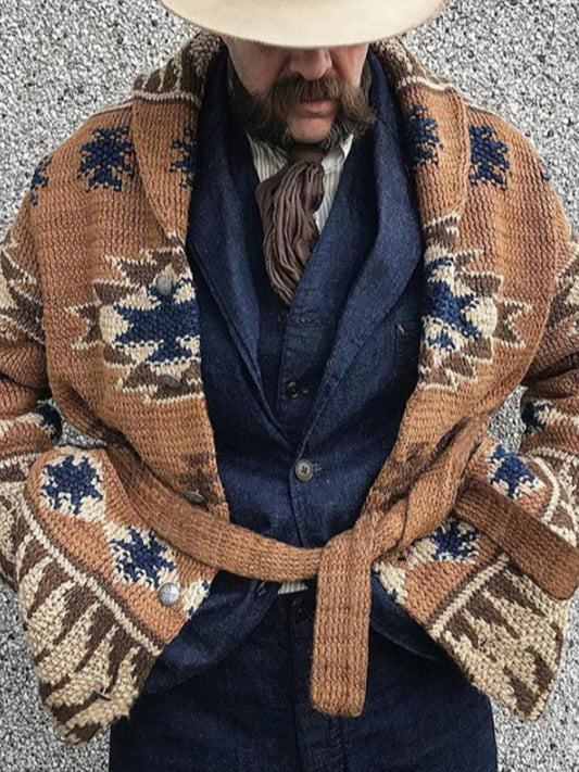Herren Winter Retro indische Kultur Geometrisches Muster Schal Kragen Knopf Pullover Strickjacke