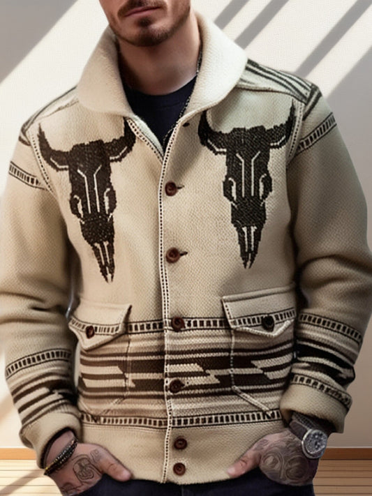 Herren Winter Retro Western Bull Kopf Muster Schal Kragen Knopf Pullover Strickjacke