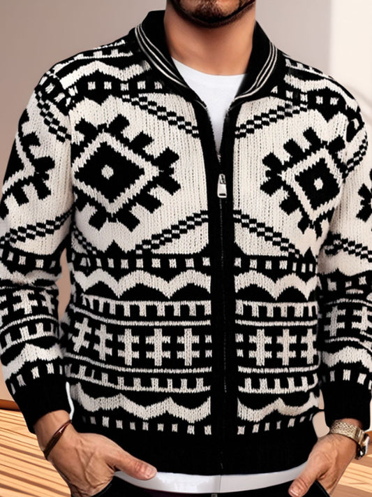 Herren Winter Retro indische Kultur Geometrisches Muster Schal Kragen Knopf Pullover Strickjacke