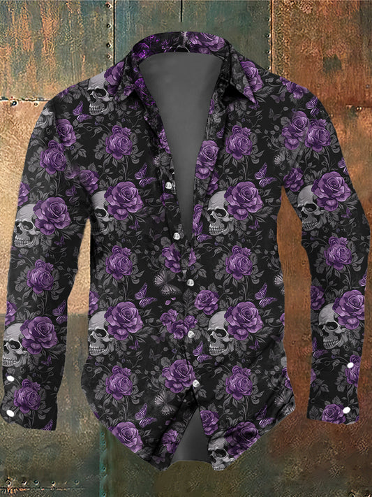 Herren Retro-Stil Schädel Rose Schmetterling Langarm Hemd