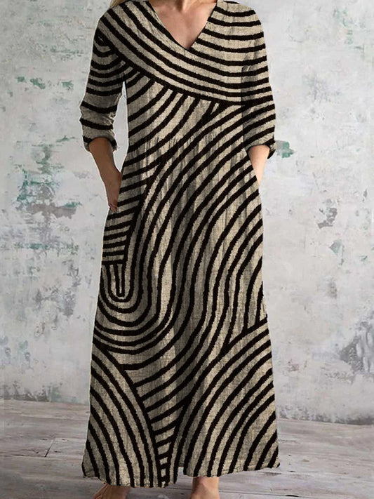 Vintage Kunstdruck Chic V-Ausschnitt Dreiviertel-Ärmel Elegantes Midi-Kleid