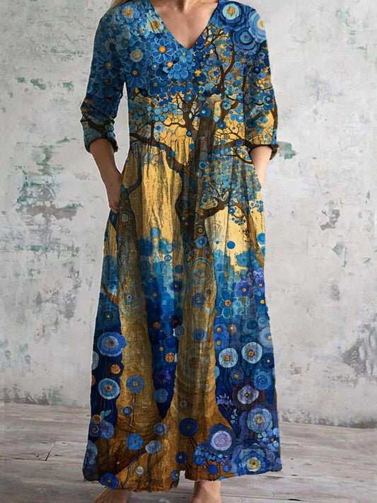 Retro-Kunstdruck Chic V-Ausschnitt Dreiviertel-Ärmel Elegantes Midi-Kleid