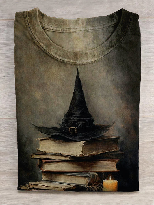 Halloween Zauberbuch Hexe Kunstdruck Unisex Rundhals Kurzarm lässig T-Shirt