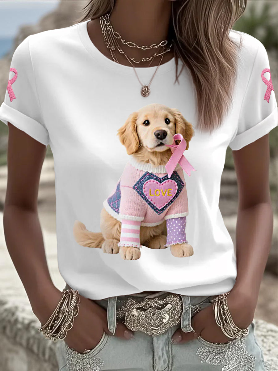 Frauen Rosa Hund Rosa Band Brustkrebs Sensi bilisierung T-Shirt