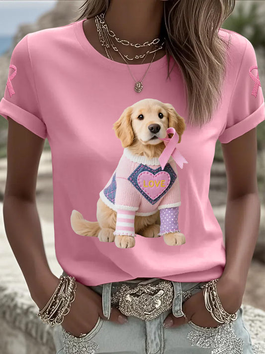 Frauen Rosa Hund Rosa Band Brustkrebs Sensi bilisierung T-Shirt