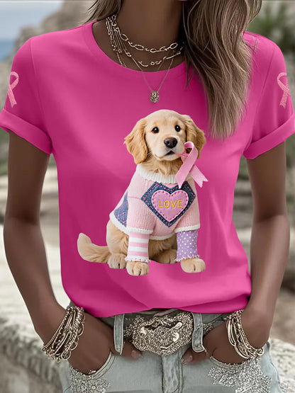 Frauen Rosa Hund Rosa Band Brustkrebs Sensi bilisierung T-Shirt