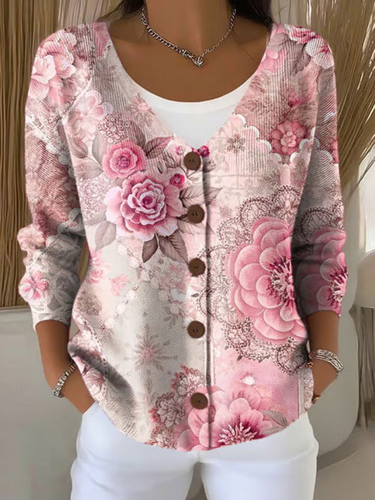 Damen-Strickjacke mit rosa Blumen druck
