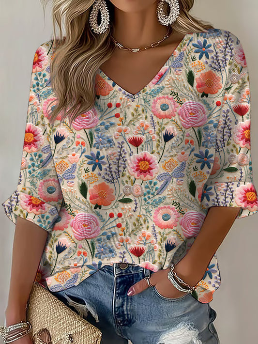 Damen Waffel T-Shirt mit rosa Blumen