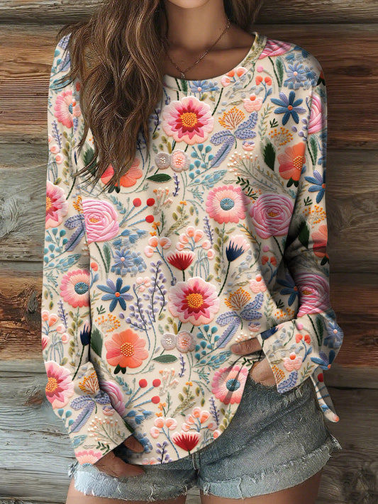 Damen-Rundhals-T-Shirt mit rosa Blumen und langen Ärmeln