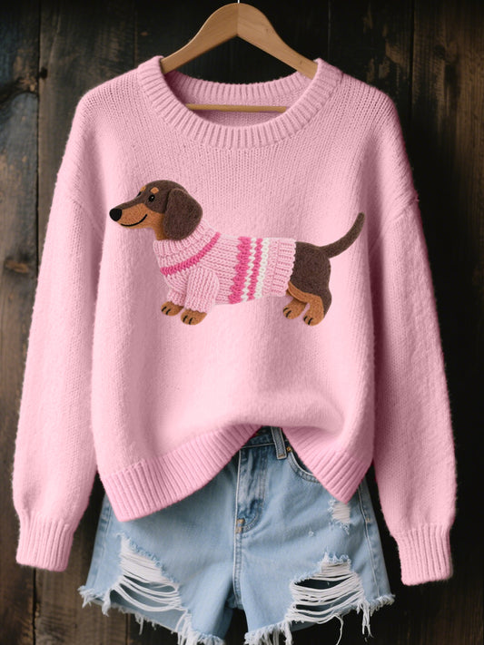 Damen schöne Dackel Filz muster Gemütliche Strick pullover