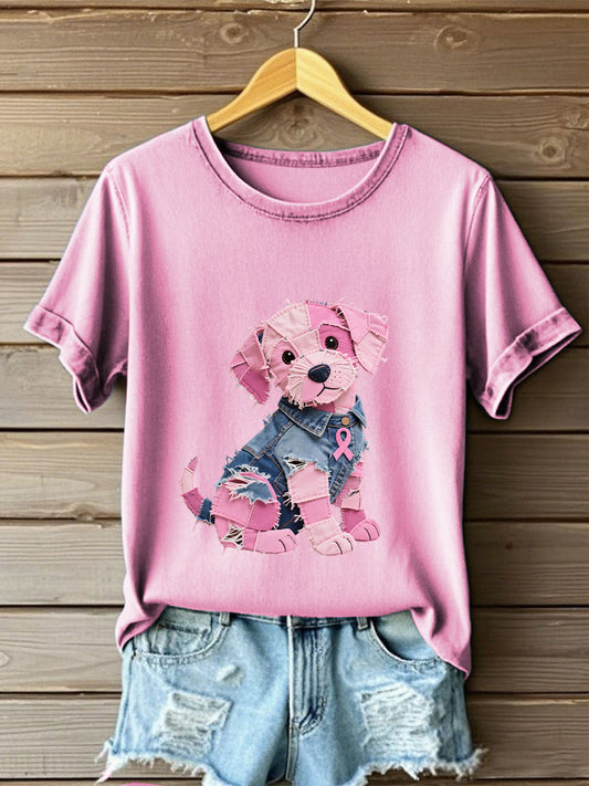 Frauen Brustkrebs Bewusstsein Denim Welpen Print T-Shirt