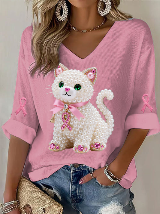 Retro-Brustkrebs-Perlen-Diamant-niedliches Kitty-Print-Lässiges Baumwoll waffel-Langarm-T-Shirt