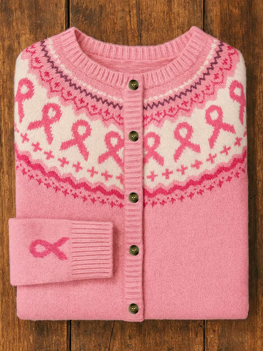 Damen-Strickjacke mit rosa Farbband mit Blumen druck