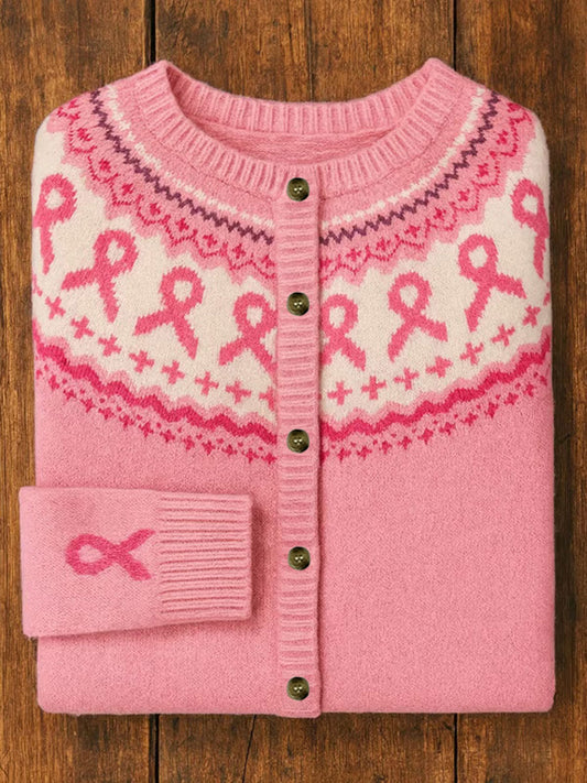 Damen-Strickjacke mit rosa Farbband mit Blumen druck