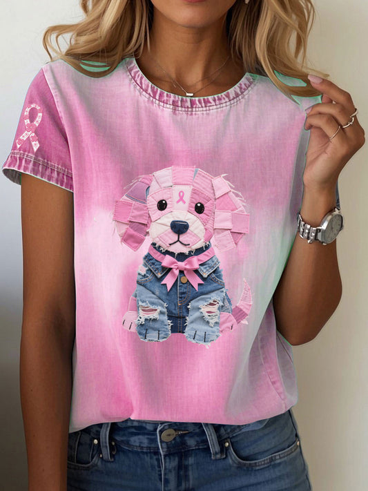 Frauen Brustkrebs Bewusstsein Denim Welpen Print T-Shirt