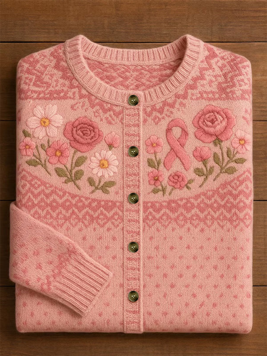 Damen-Strickjacke mit rosa Farbband mit Blumen druck