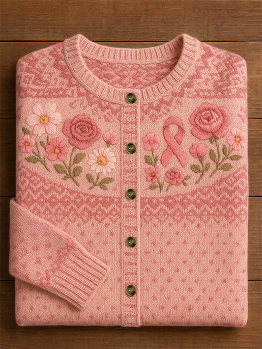 Damen-Strickjacke mit rosa Farbband mit Blumen druck