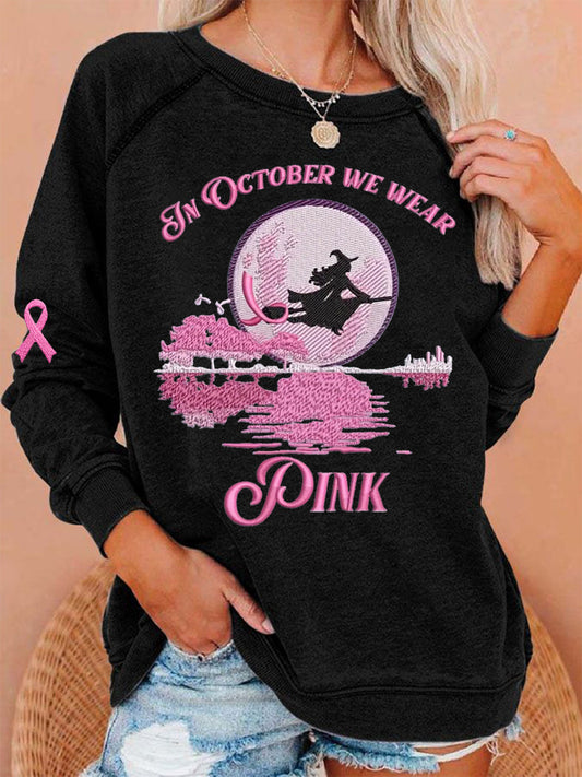 Frauen im Oktober tragen wir rosa Halloween Hexe Print Brustkrebs Bewusstsein Sweatshirt