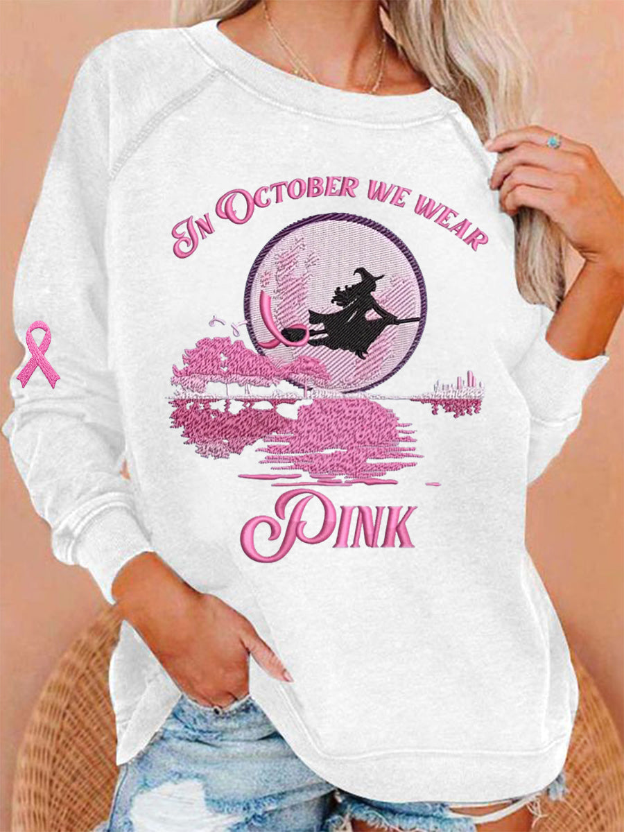 Frauen im Oktober tragen wir rosa Halloween Hexe Print Brustkrebs Bewusstsein Sweatshirt