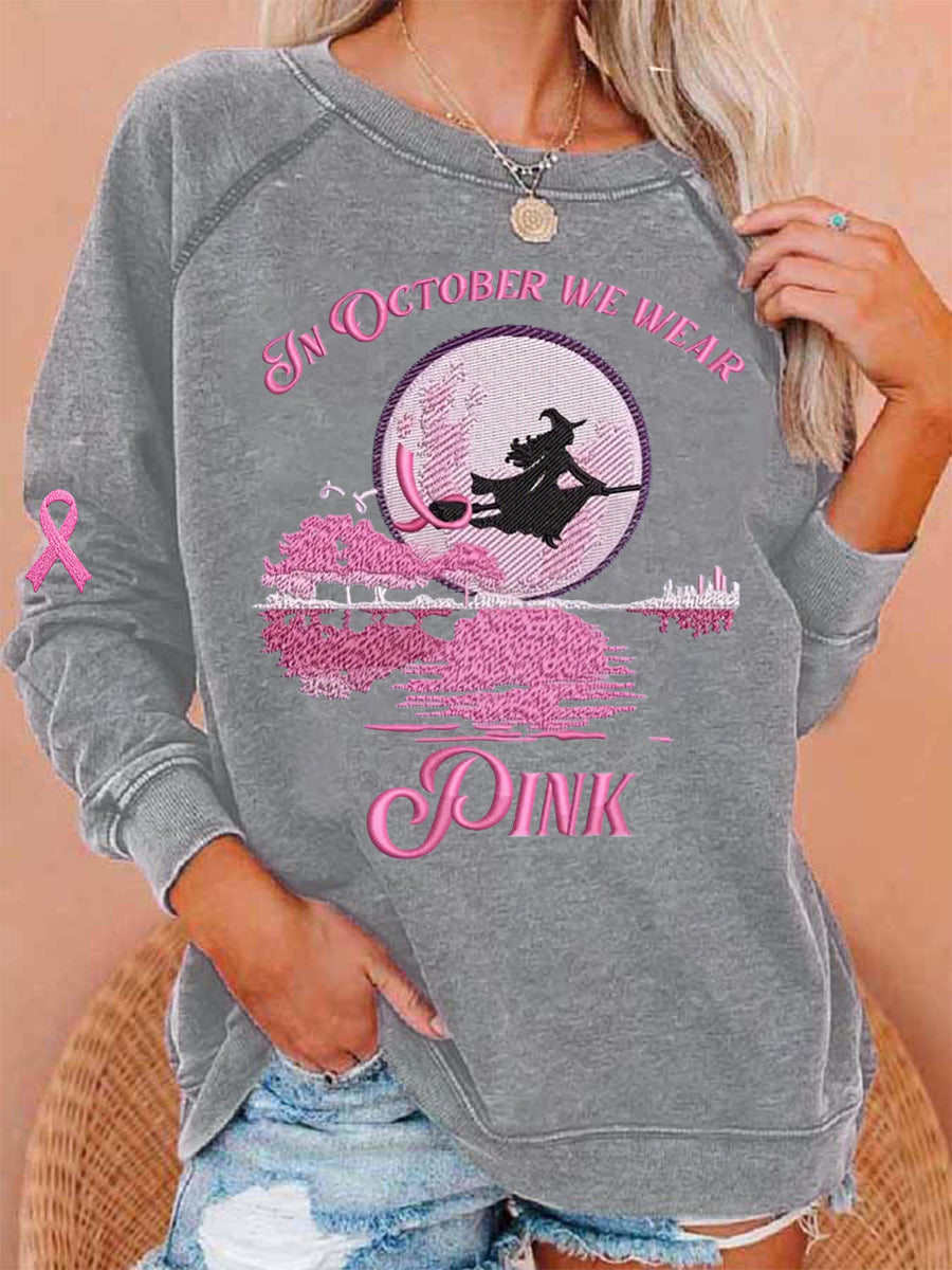 Frauen im Oktober tragen wir rosa Halloween Hexe Print Brustkrebs Bewusstsein Sweatshirt