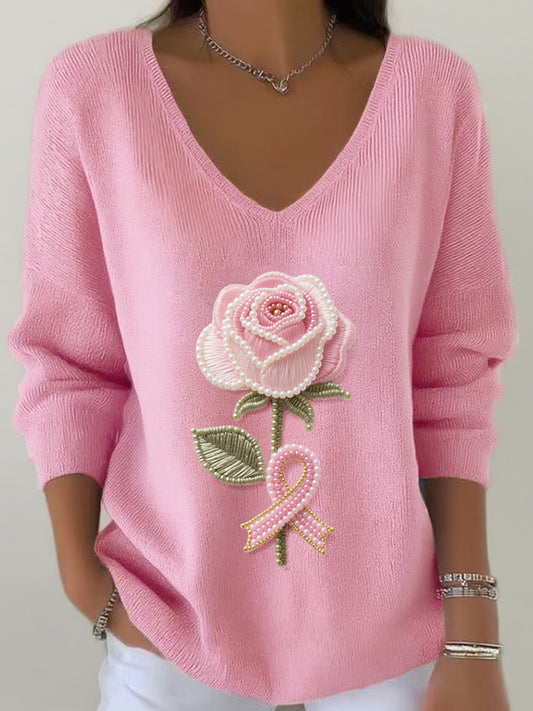 Frauen Rosa Rose Perlen Besticktes V-Ausschnitt geripptes Top