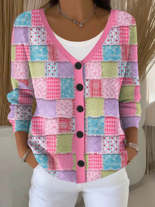 Frauen Brustkrebs Rosa Patchwork Print Strickjacke