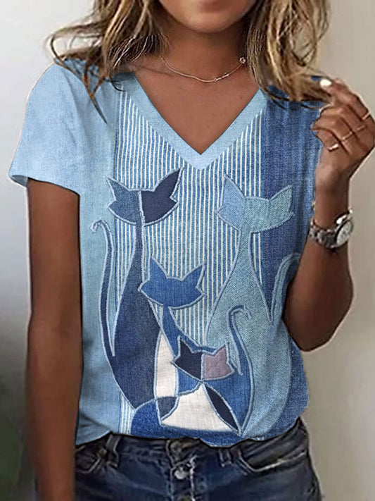 Frauen niedliche Katze Patchwork Kunst V-Ausschnitt T-Shirt
