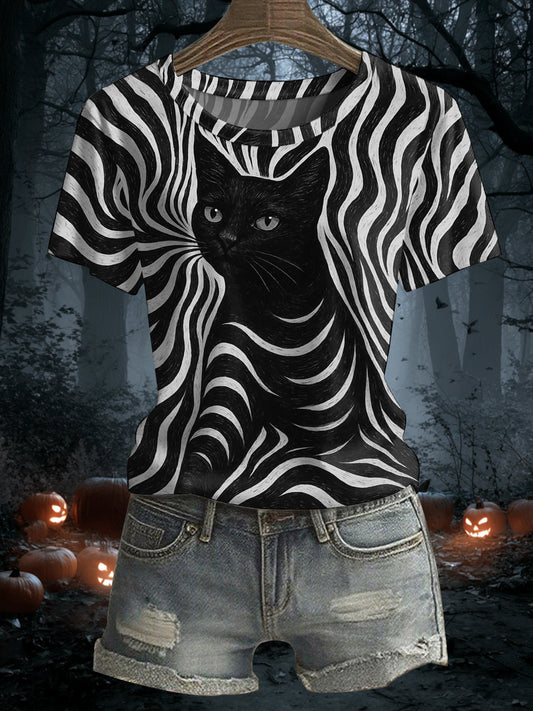 Damen Halloween schwarze Katzen streifen drucken lässiges T-Shirt