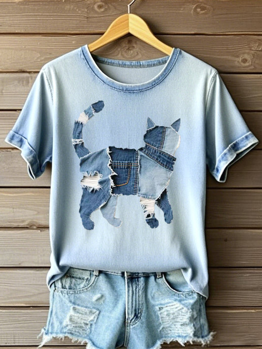 Frauen niedliches Katzen muster Patchwork Kunst T-Shirt