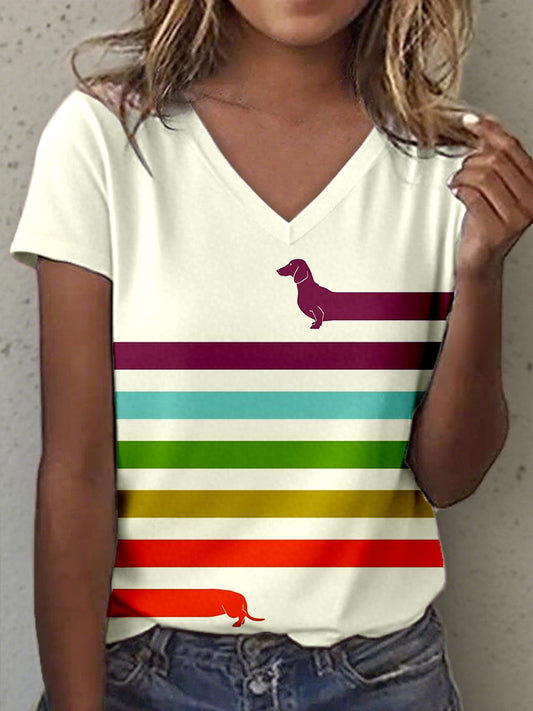 Damen Dackel Kunstdruck V-Ausschnitt T-Shirt
