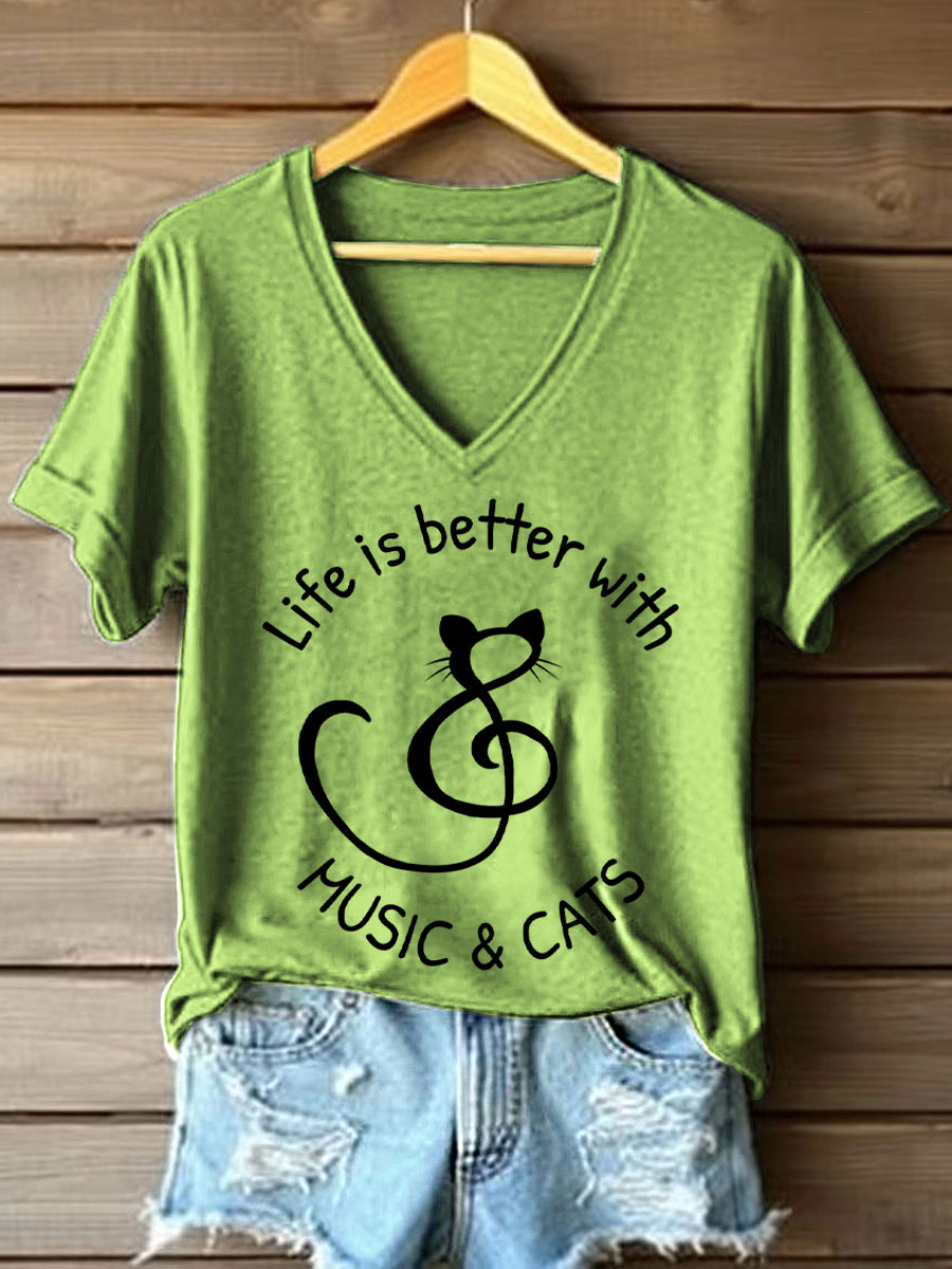 Frauen leben ist besser mit Musik & Katzen Print V-Ausschnitt T-Shirt